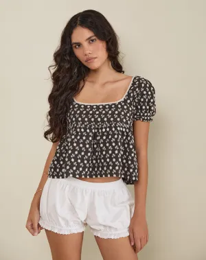 Axoni Square Neck Blouse in Floral Broderie Brown