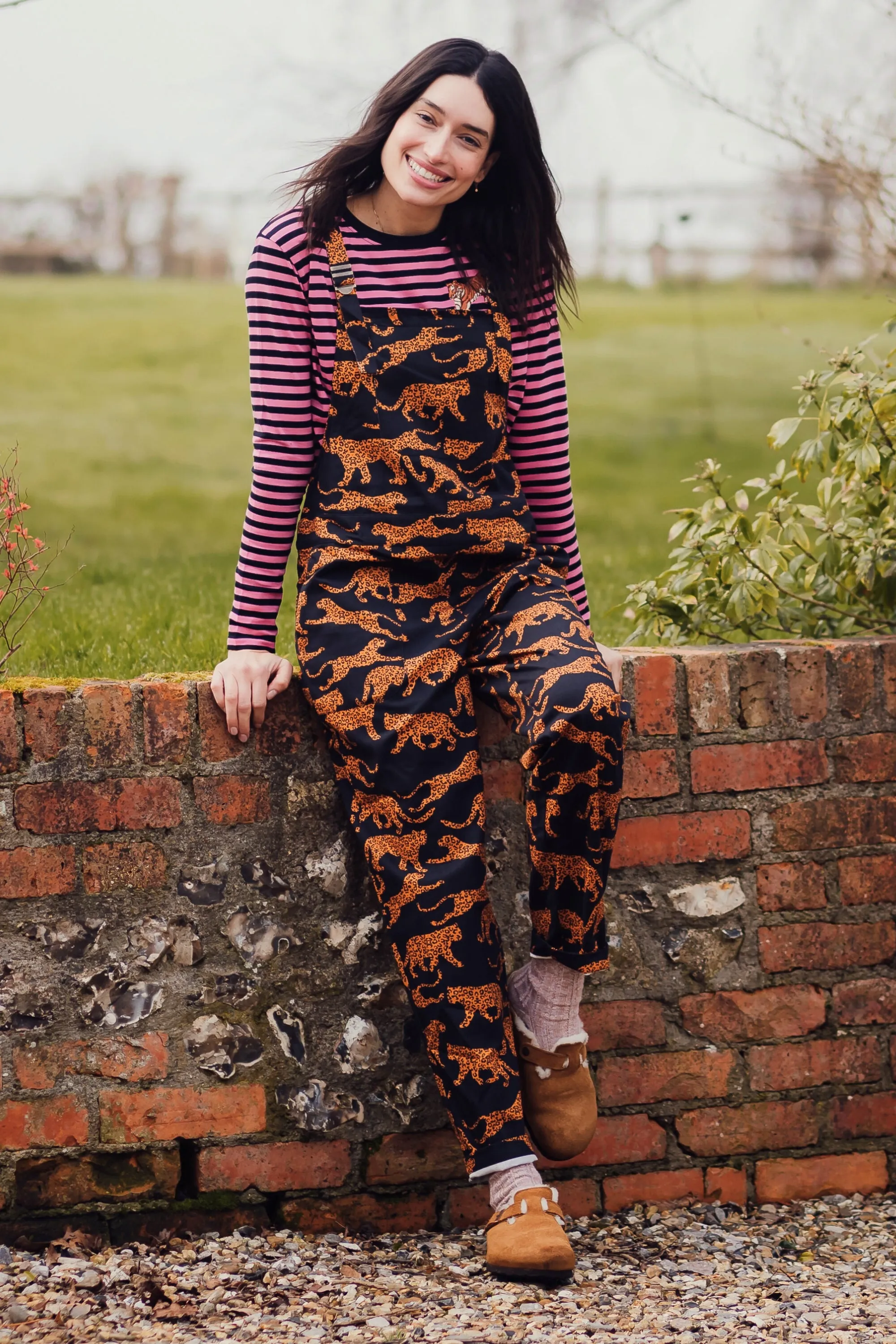 Beau Dungarees - Black/Tan. Large Leopards