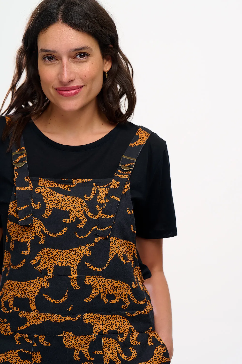 Beau Dungarees - Black/Tan. Large Leopards
