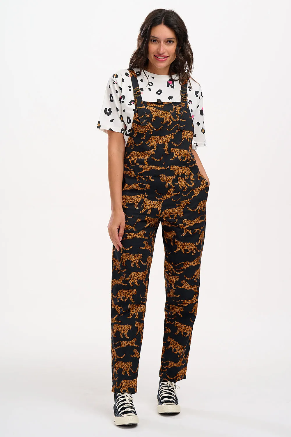 Beau Dungarees - Black/Tan. Large Leopards