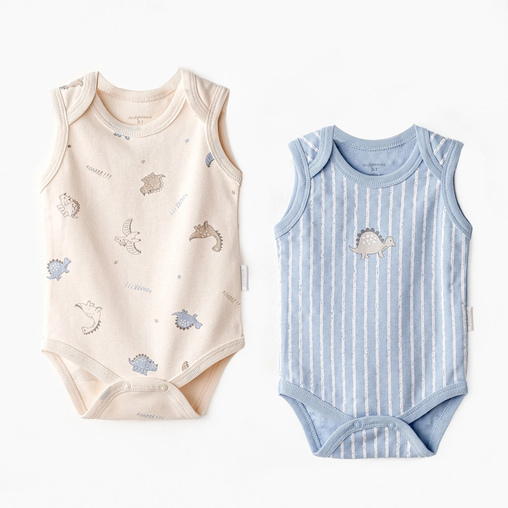 Beige and Blue Dino Bodysuits