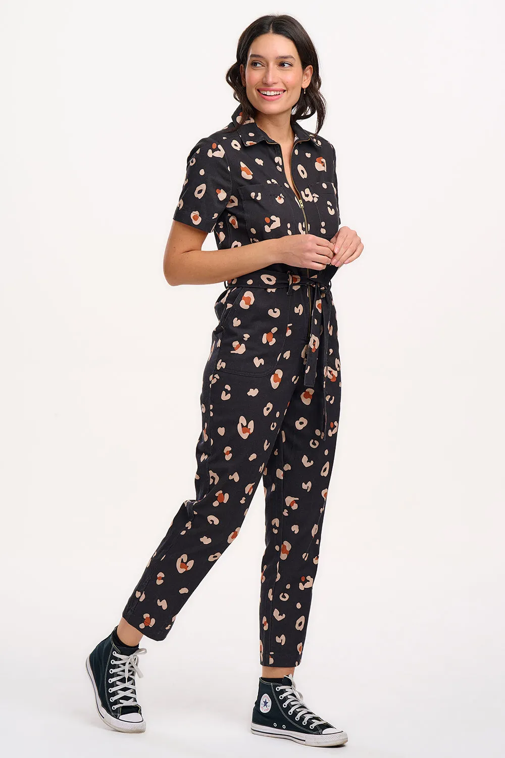 Billy Boilersuit - Black & Tan. Leopard Print