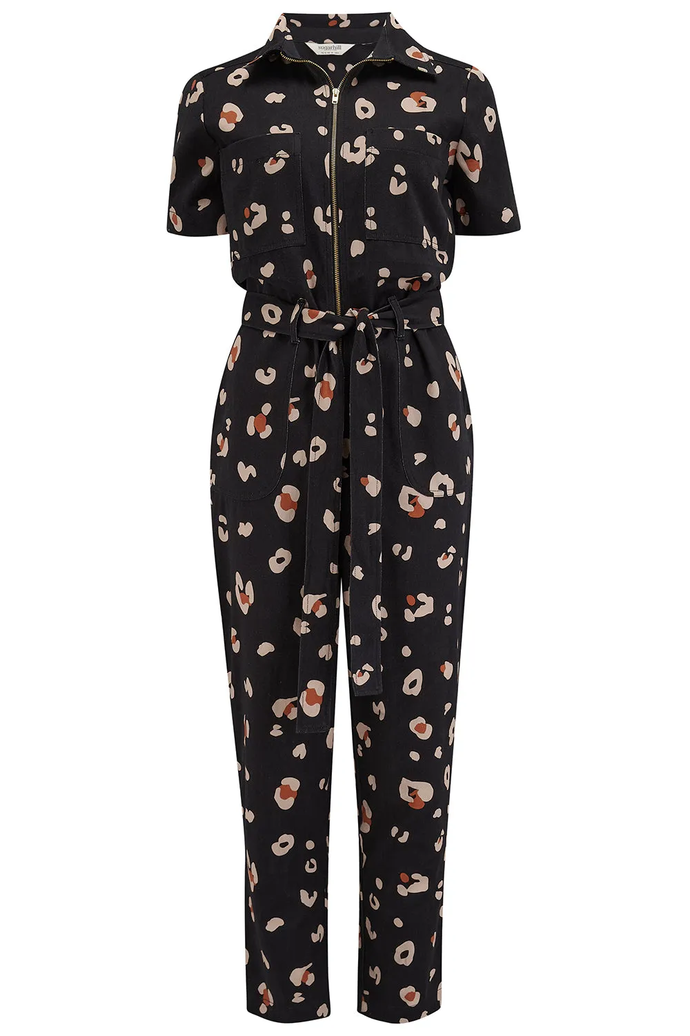 Billy Boilersuit - Black & Tan. Leopard Print