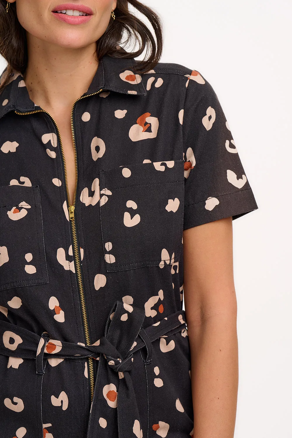 Billy Boilersuit - Black & Tan. Leopard Print