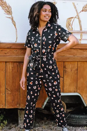 Billy Boilersuit - Black & Tan. Leopard Print