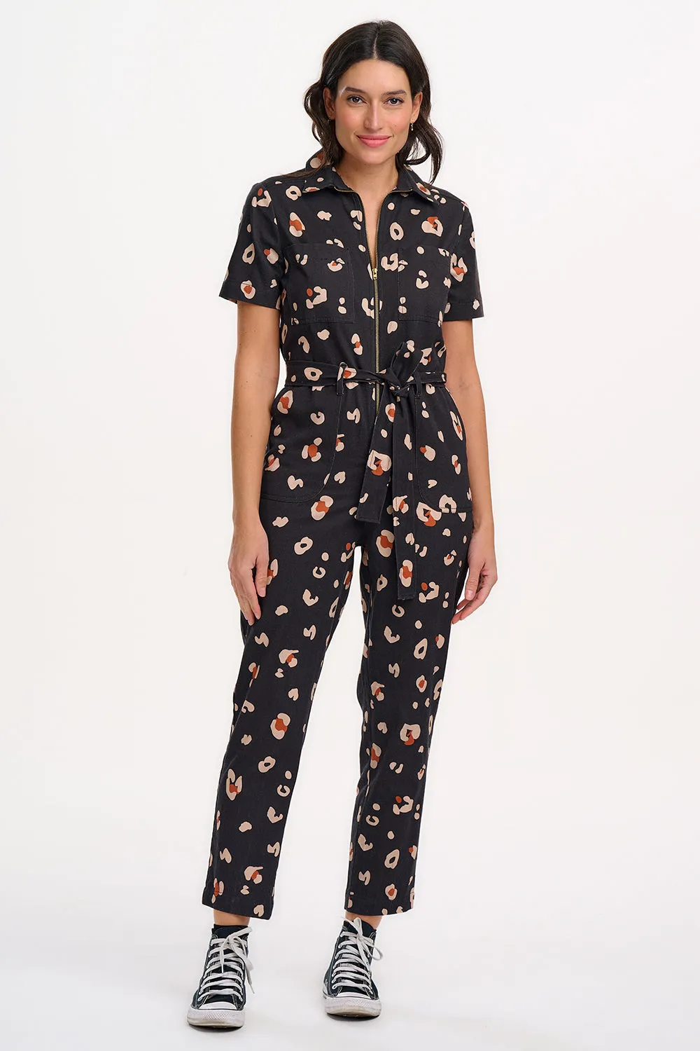 Billy Boilersuit - Black & Tan. Leopard Print