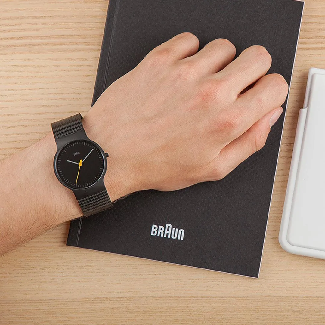 BN0211 Braun gents classic slim watch - black dial and black mesh bracelet