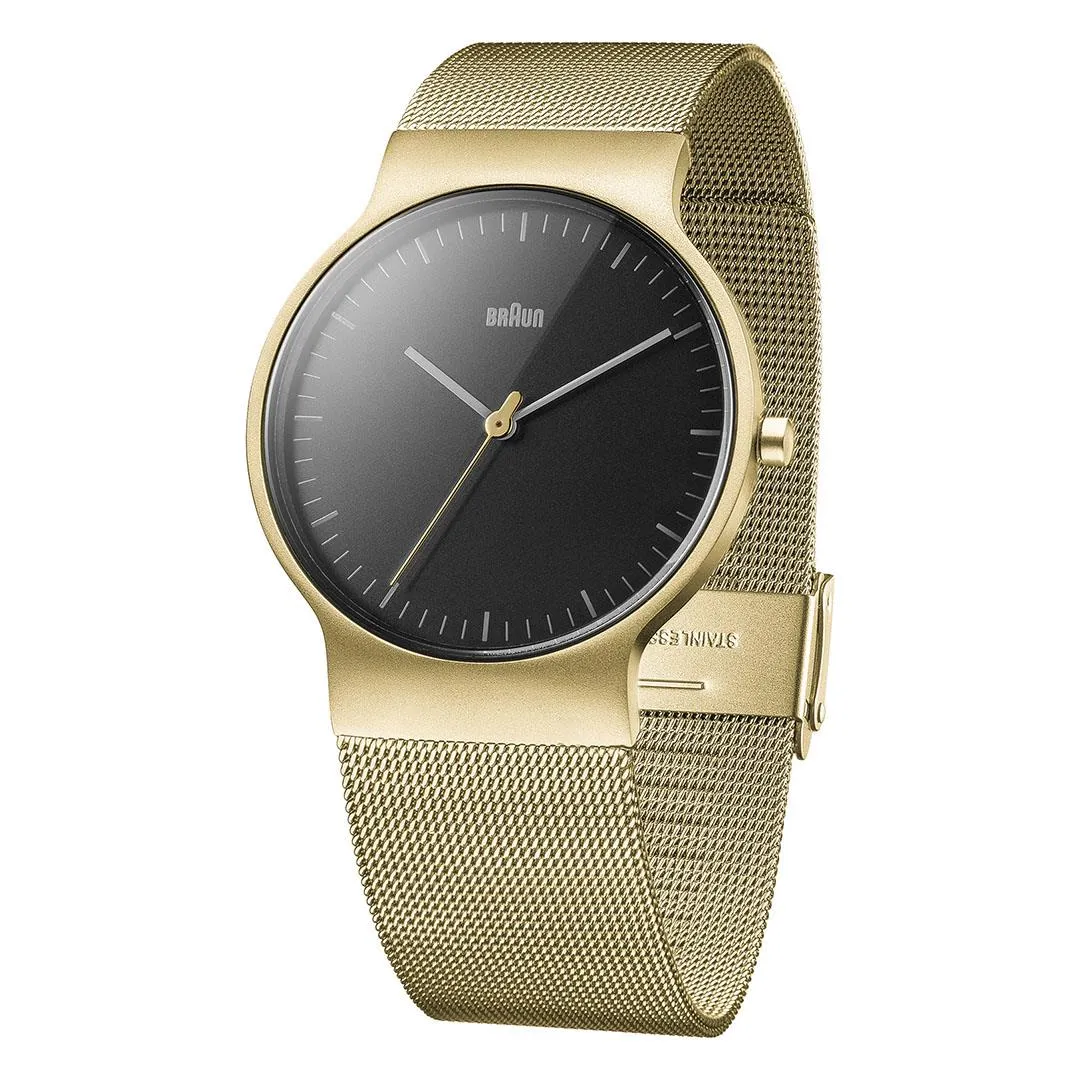 BN0211 Braun gents classic slim watch - black dial and gold mesh bracelet