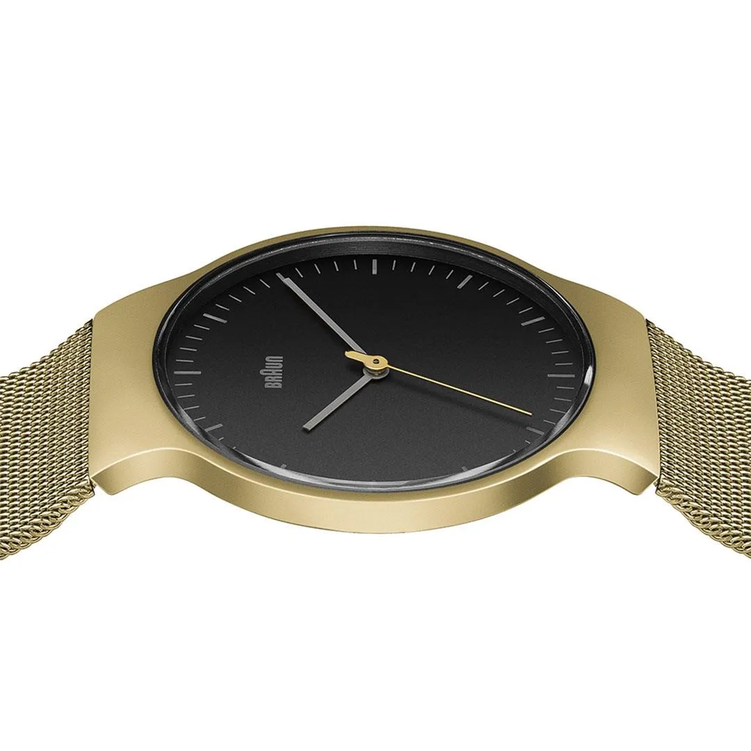 BN0211 Braun gents classic slim watch - black dial and gold mesh bracelet