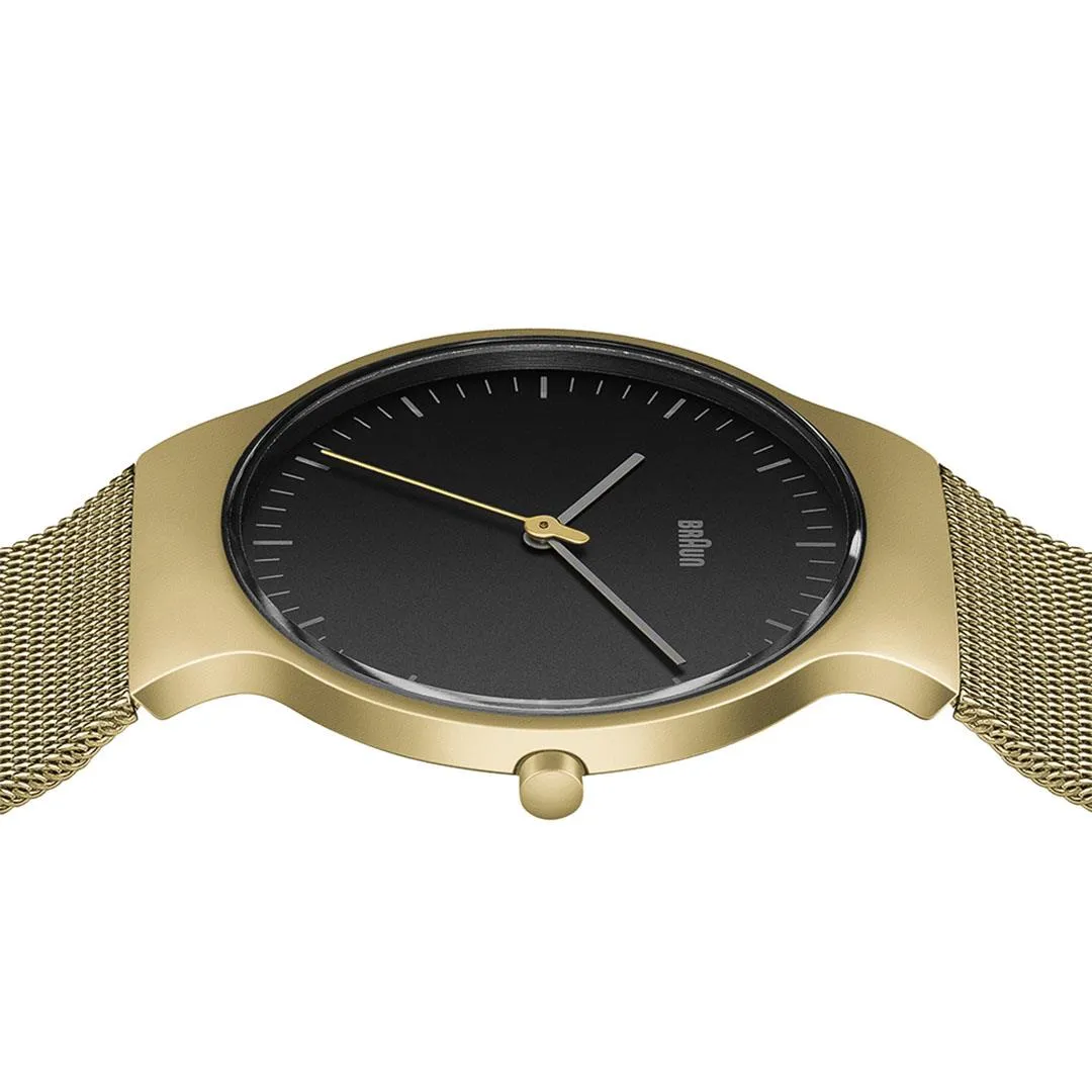 BN0211 Braun gents classic slim watch - black dial and gold mesh bracelet
