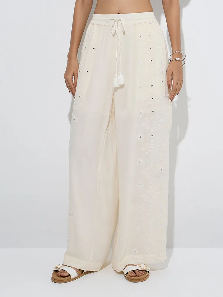 Bombay Paisley Ivory Mirror Work Detailed Cotton Palazzos