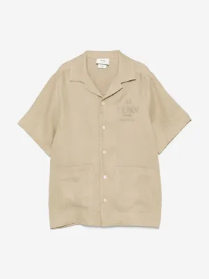 Boys Linen Logo Shirt in Beige