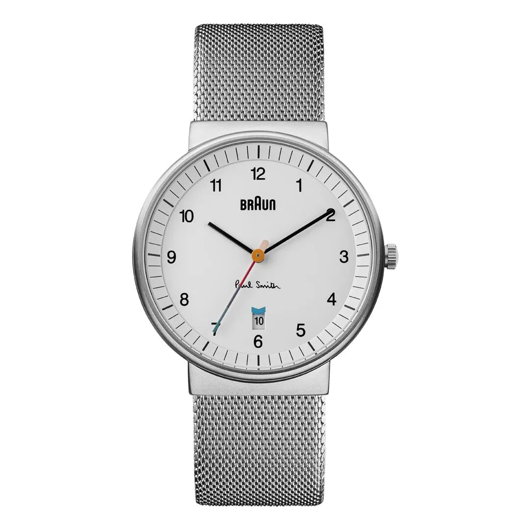 Braun x Paul Smith Limited Edition BN0032 Classic Watch White Dial and Stainless Steel Mesh Strap