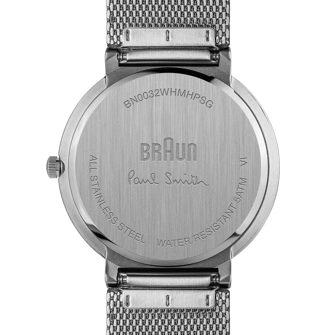 Braun x Paul Smith Limited Edition BN0032 Classic Watch White Dial and Stainless Steel Mesh Strap