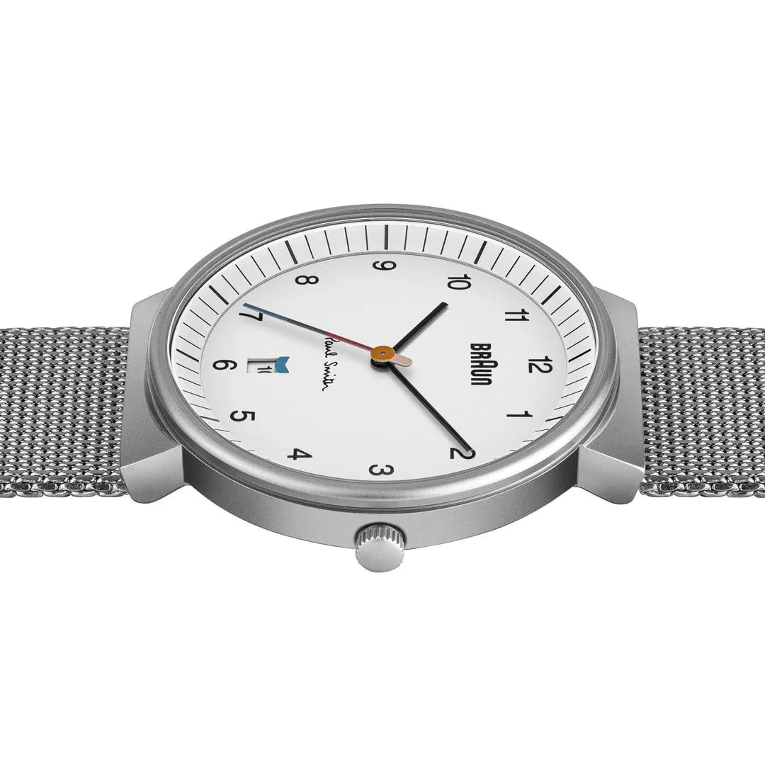 Braun x Paul Smith Limited Edition BN0032 Classic Watch White Dial and Stainless Steel Mesh Strap