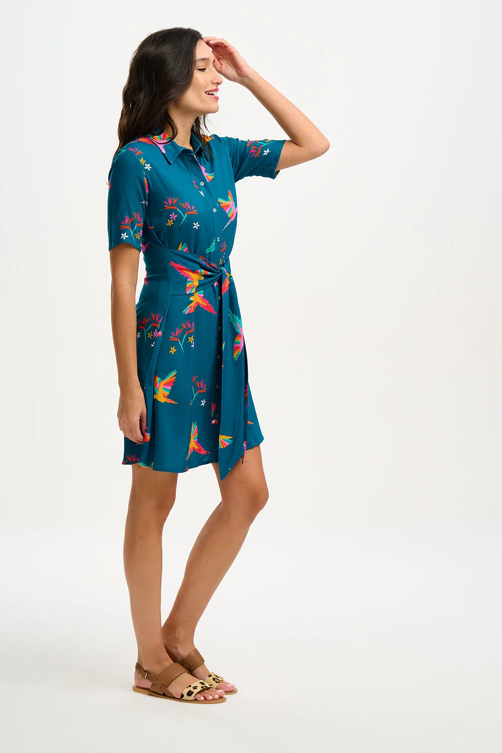 Dessie Mini Shirt Dress - Teal. Rainbow Parrots