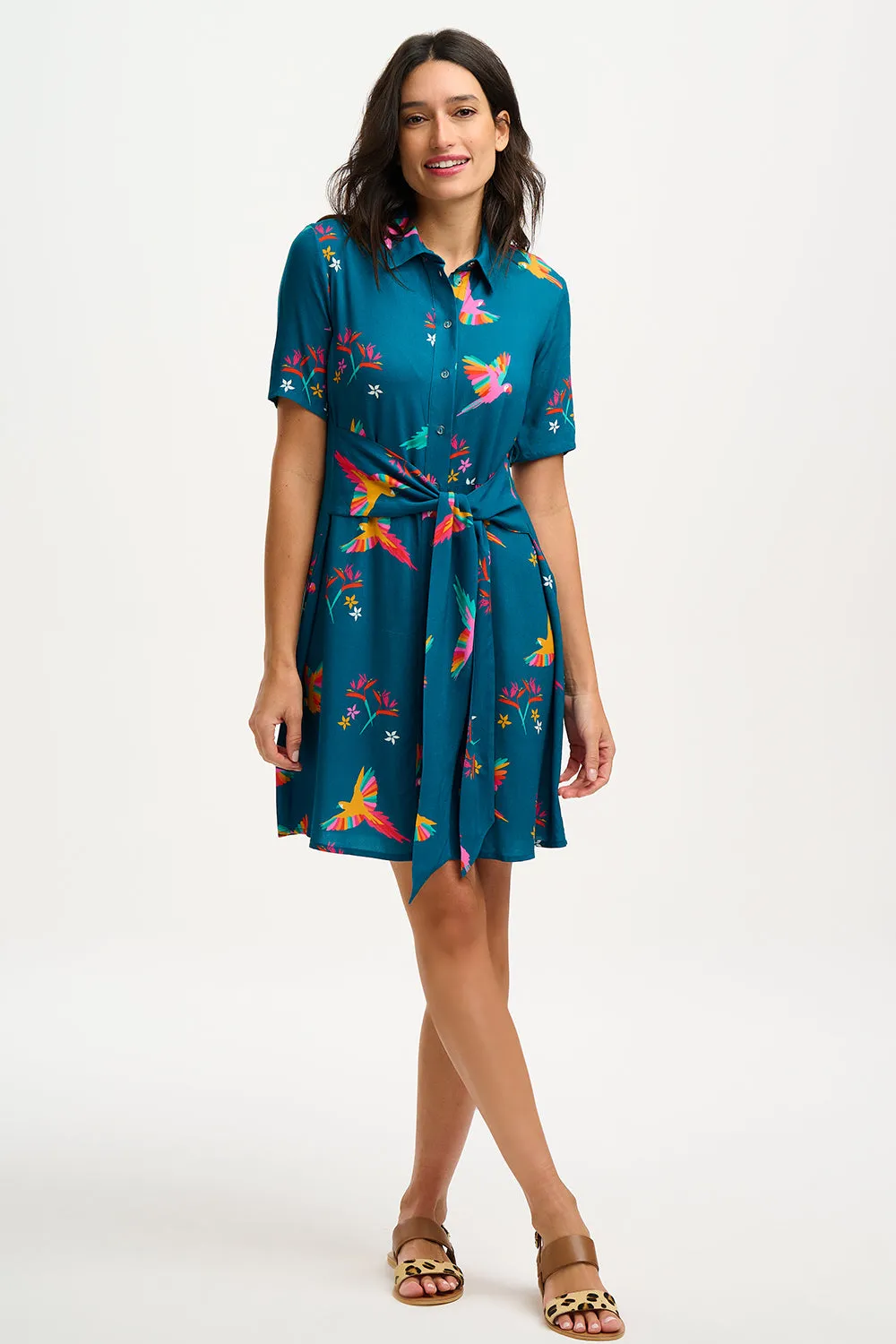 Dessie Mini Shirt Dress - Teal. Rainbow Parrots