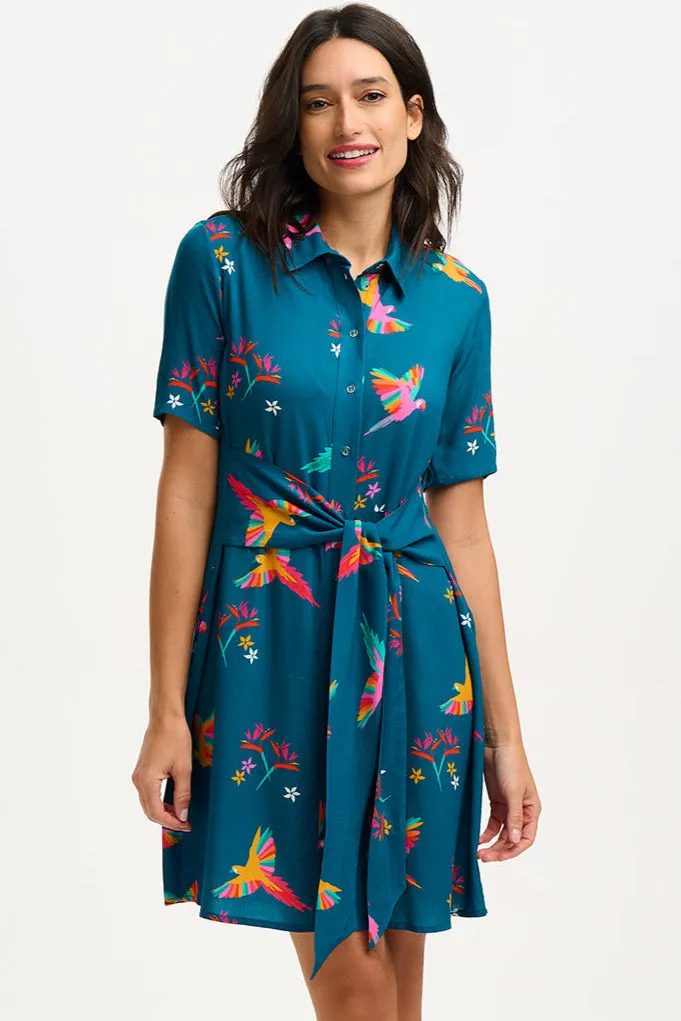 Dessie Mini Shirt Dress - Teal. Rainbow Parrots