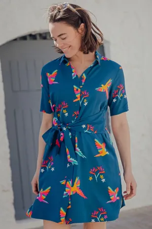 Dessie Mini Shirt Dress - Teal. Rainbow Parrots