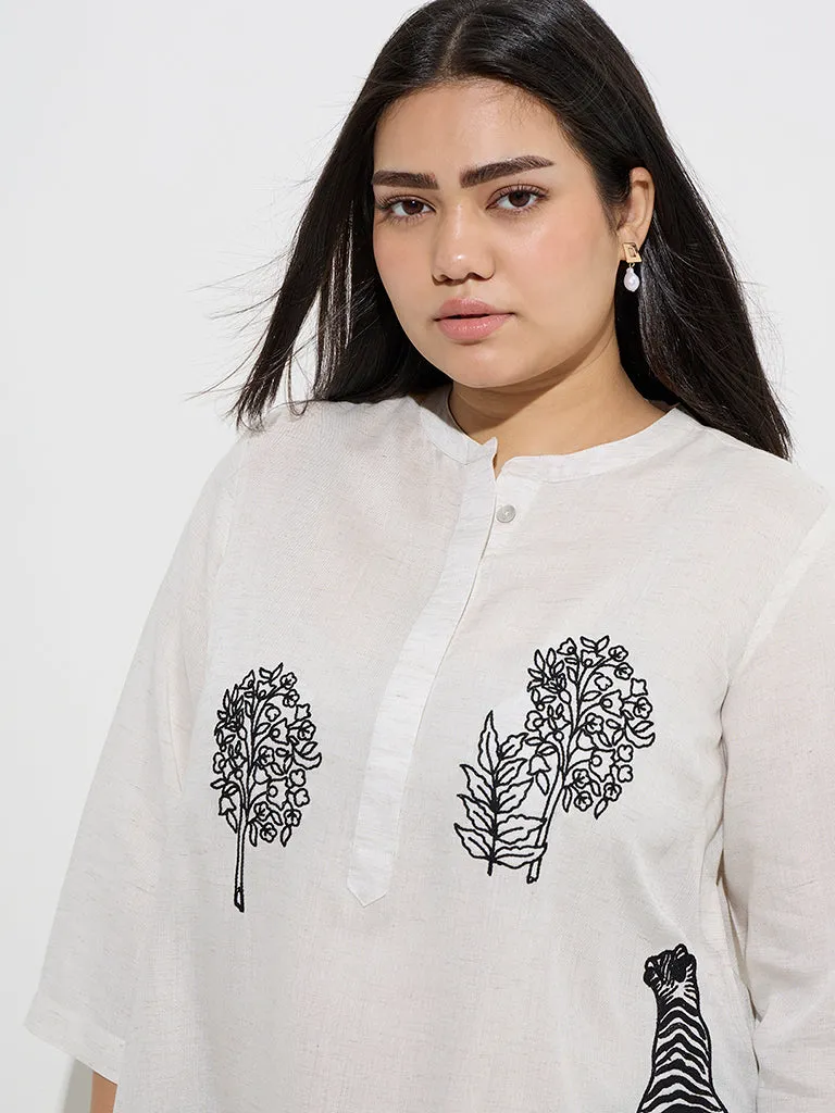 Diza Off-White Embroidered Straight Kurti