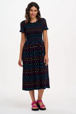 Edina Jersey Shirred Midi Dress - Black. Rainbow Painterly Spot