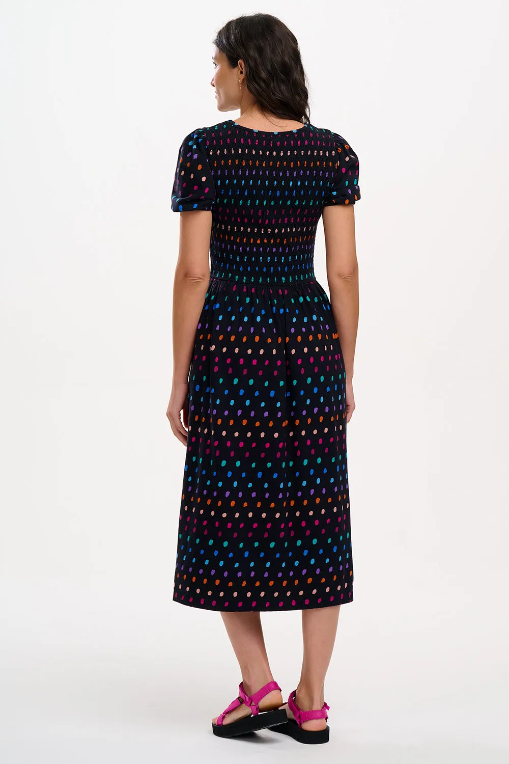 Edina Jersey Shirred Midi Dress - Black. Rainbow Painterly Spot