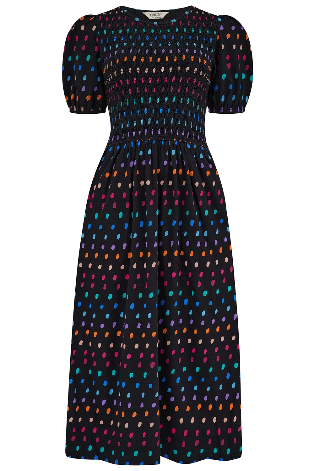 Edina Jersey Shirred Midi Dress - Black. Rainbow Painterly Spot