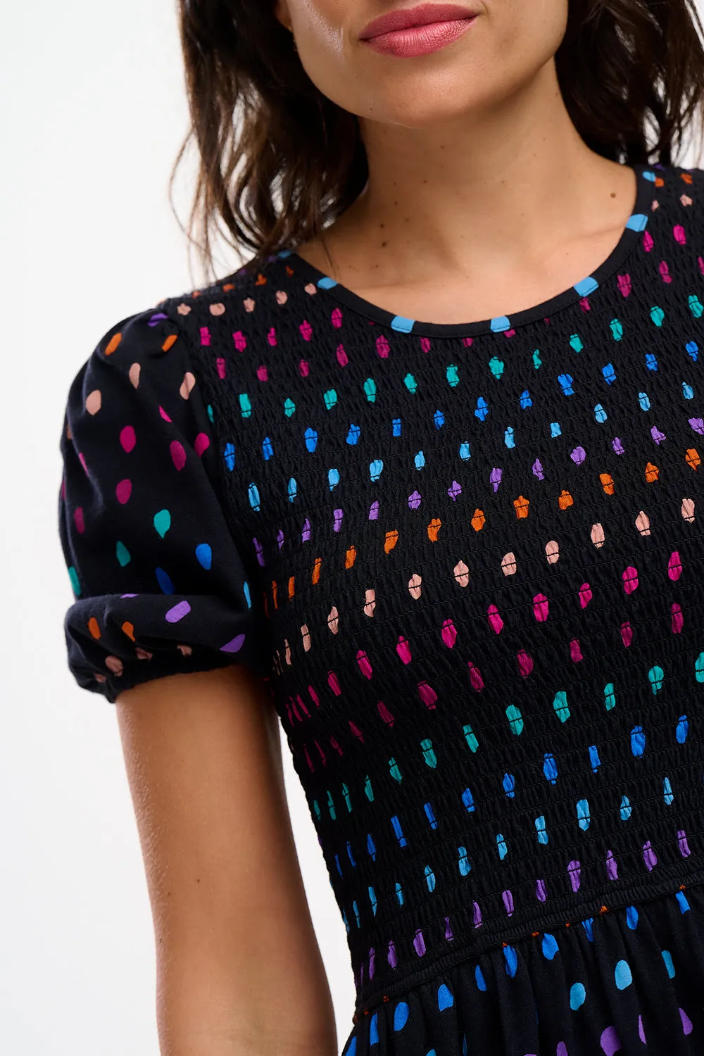 Edina Jersey Shirred Midi Dress - Black. Rainbow Painterly Spot