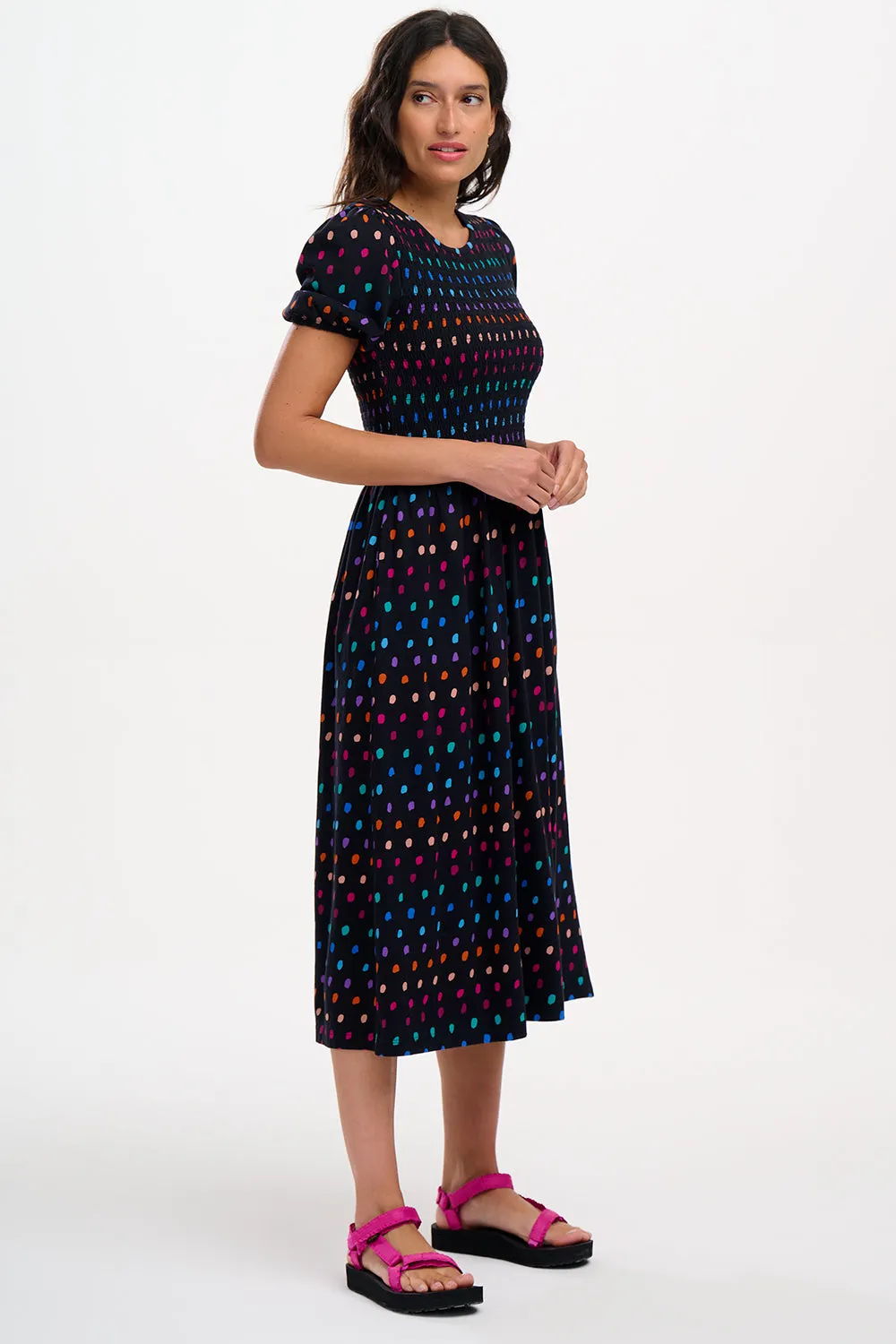 Edina Jersey Shirred Midi Dress - Black. Rainbow Painterly Spot