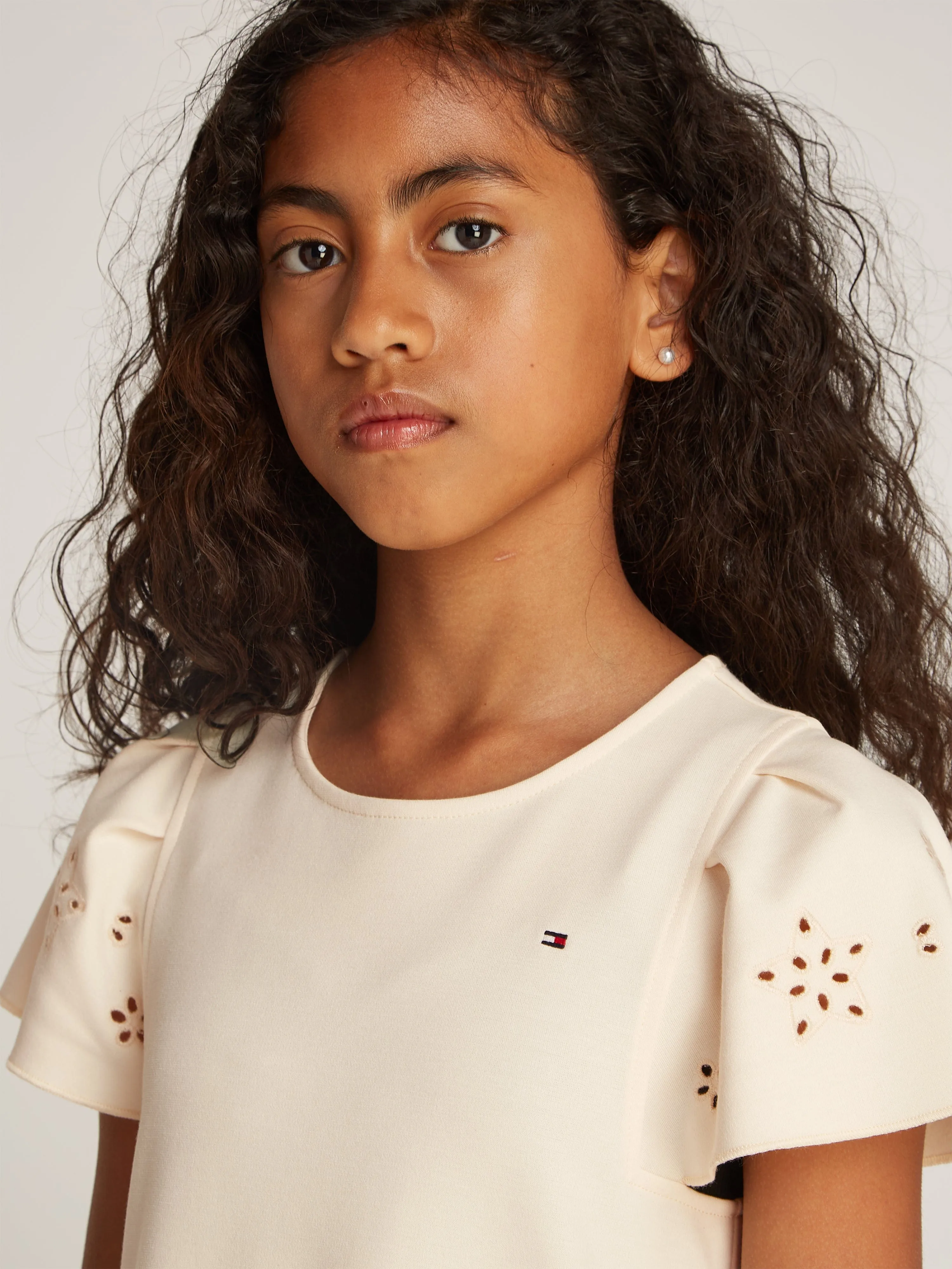 Girls Embroidered Flutter Dress in Ivory