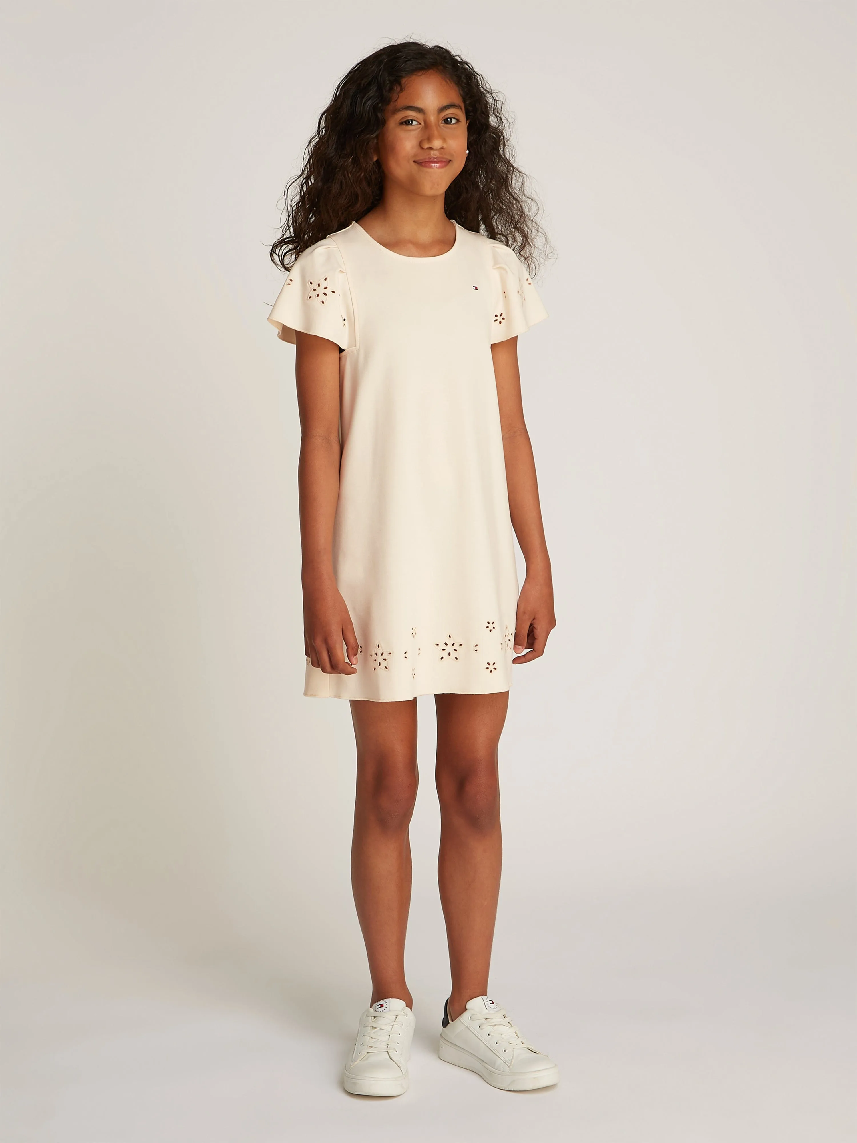 Girls Embroidered Flutter Dress in Ivory