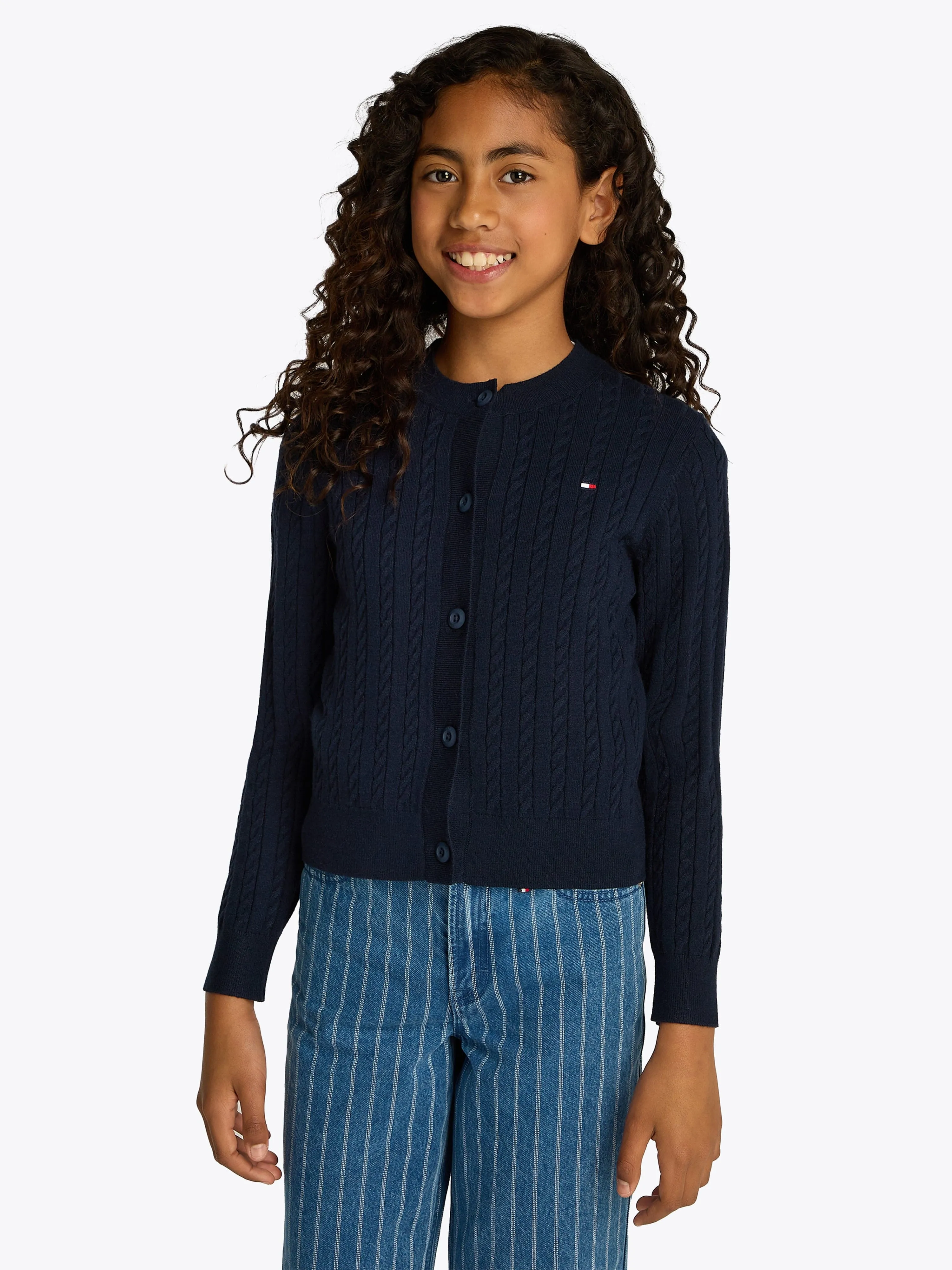 Girls Mini Cable Knit Cardigan in Navy