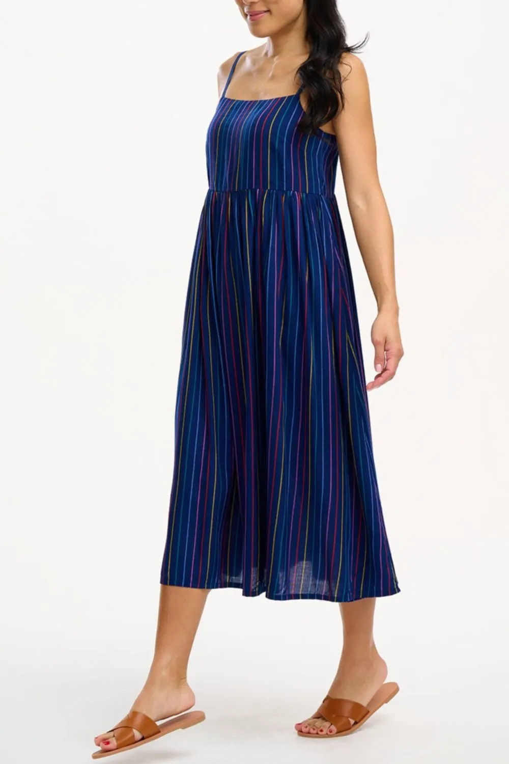 Gracie Midi Sundress - Navy. Thin Rainbow Stripe