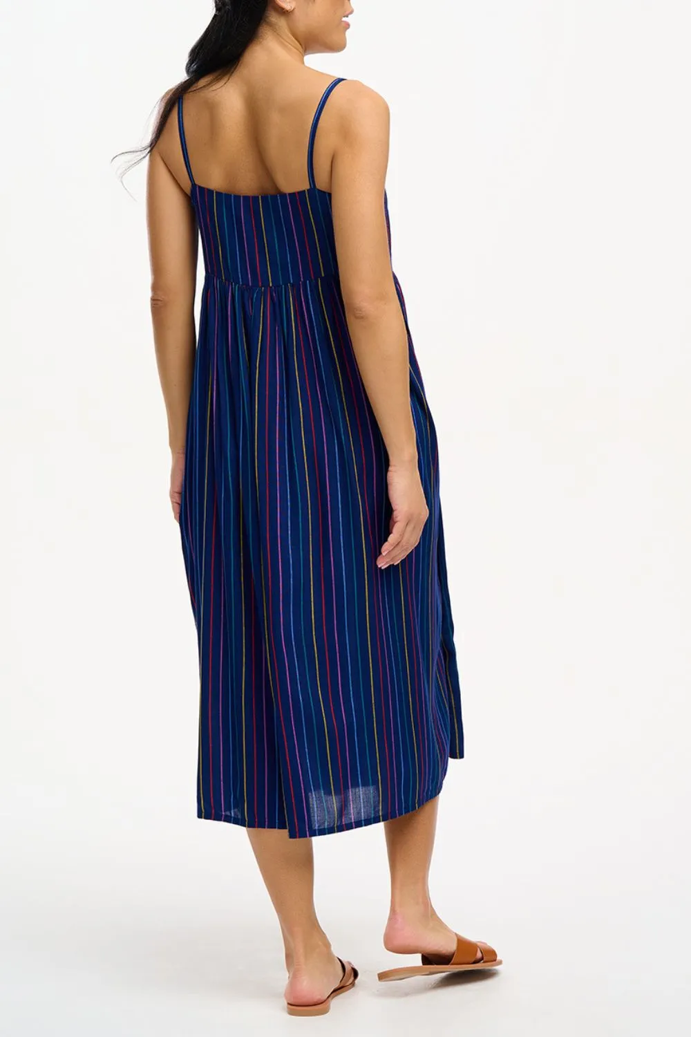 Gracie Midi Sundress - Navy. Thin Rainbow Stripe