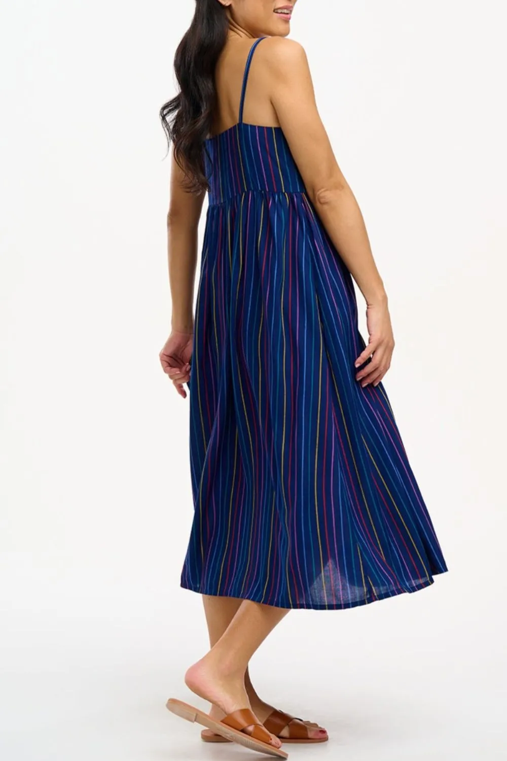 Gracie Midi Sundress - Navy. Thin Rainbow Stripe