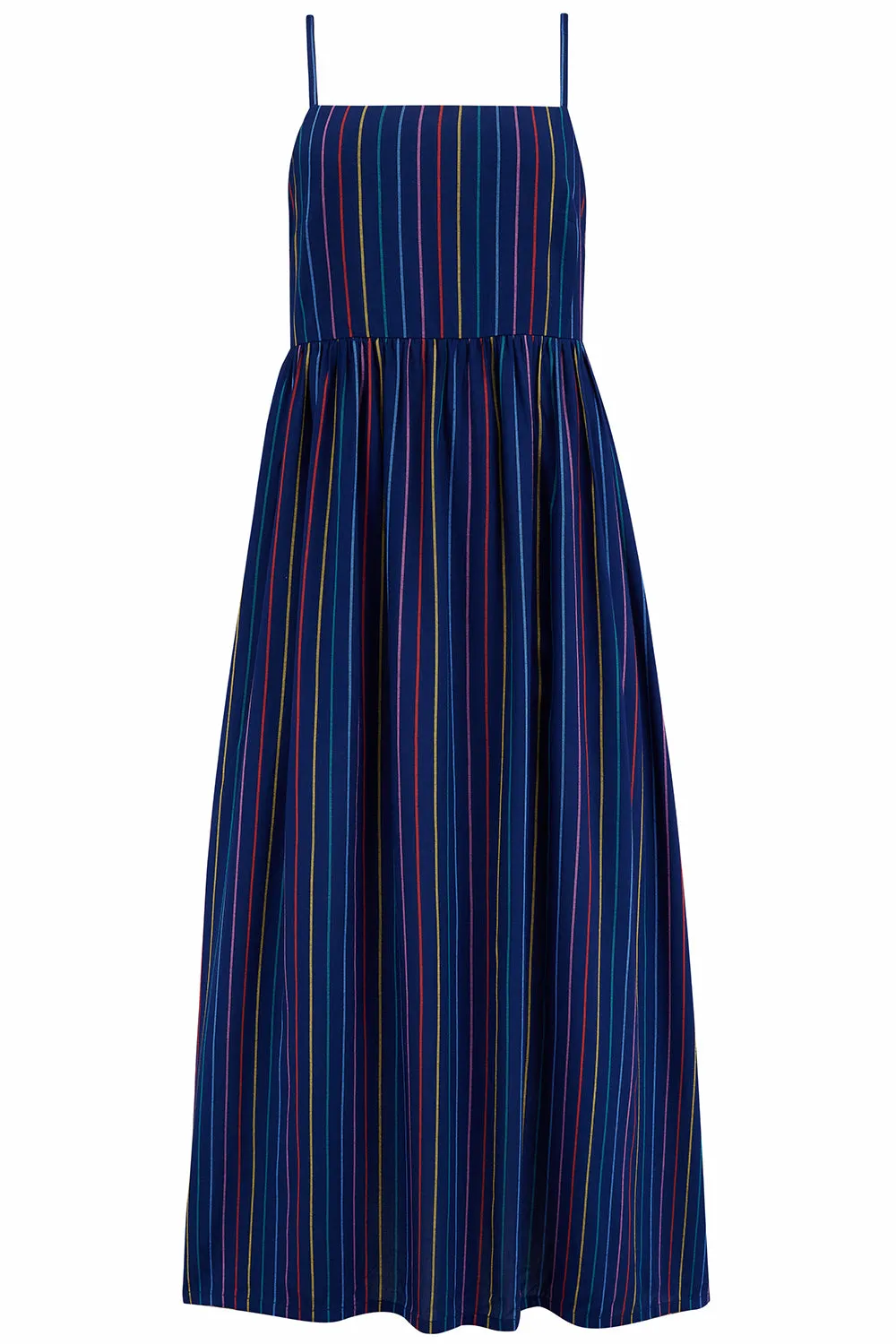 Gracie Midi Sundress - Navy. Thin Rainbow Stripe
