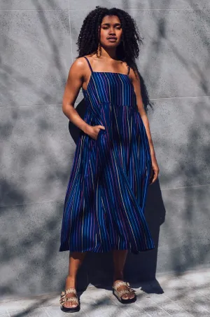 Gracie Midi Sundress - Navy. Thin Rainbow Stripe