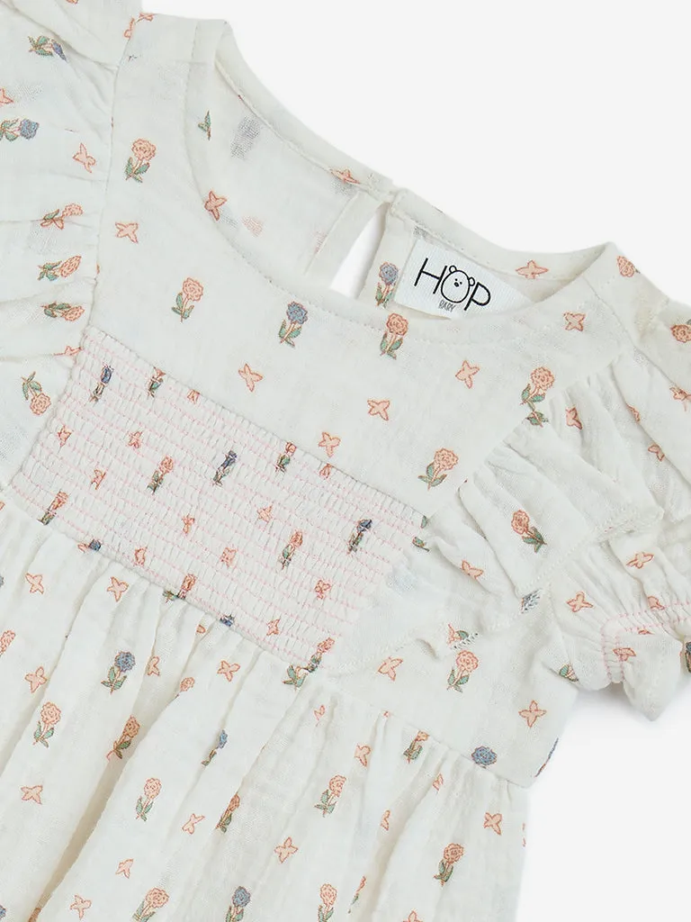 HOP Baby Off-White Printed Cotton A-Line Dress