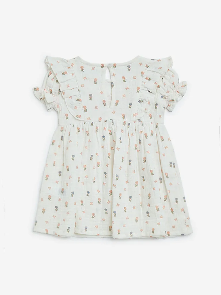 HOP Baby Off-White Printed Cotton A-Line Dress