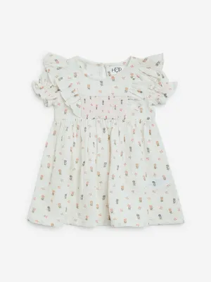HOP Baby Off-White Printed Cotton A-Line Dress