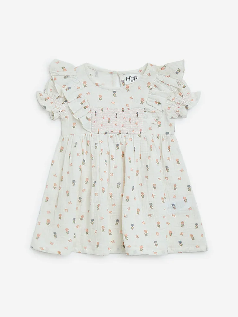 HOP Baby Off-White Printed Cotton A-Line Dress