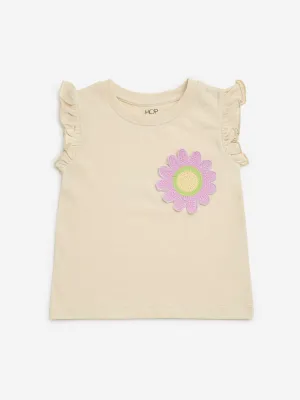 HOP Kids Beige Floral Embroidered Cotton Top