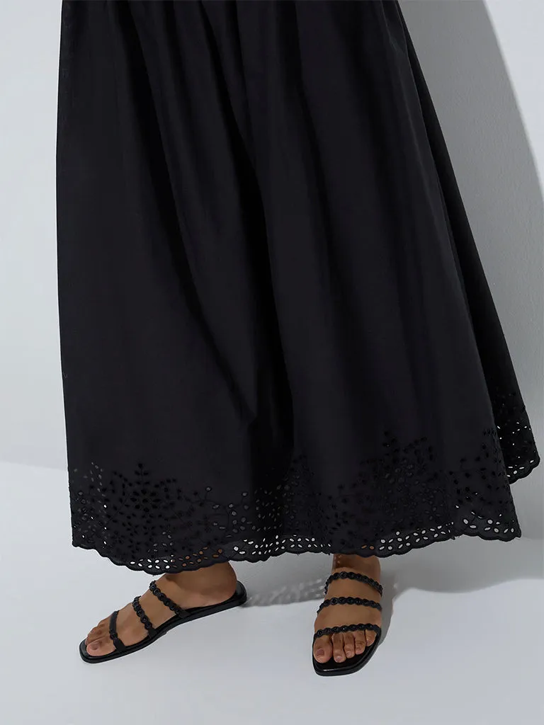 LOV Black Schiffli Detailed High-Rise Cotton Skirt