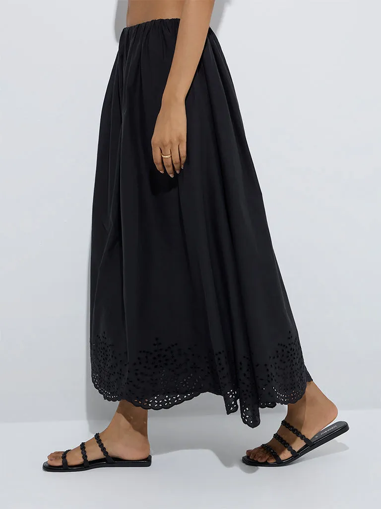 LOV Black Schiffli Detailed High-Rise Cotton Skirt