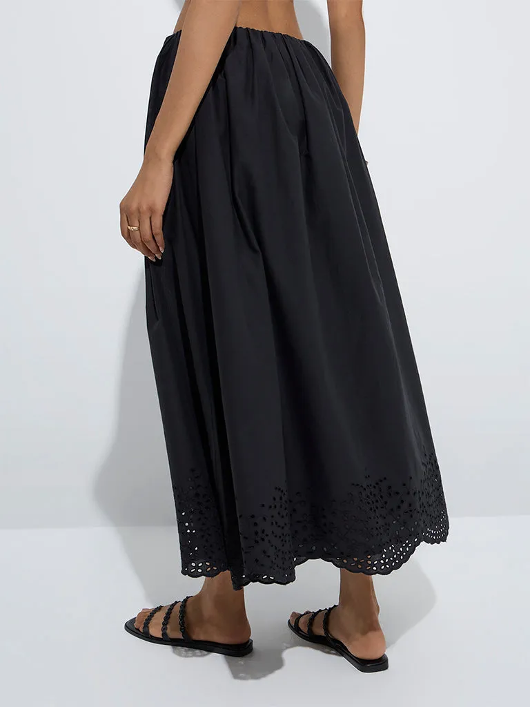 LOV Black Schiffli Detailed High-Rise Cotton Skirt