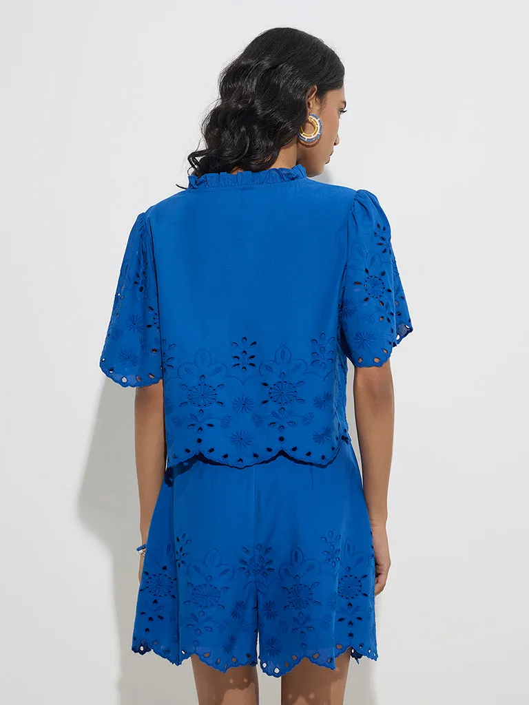 LOV Blue Schiffli Detailed Cotton Top
