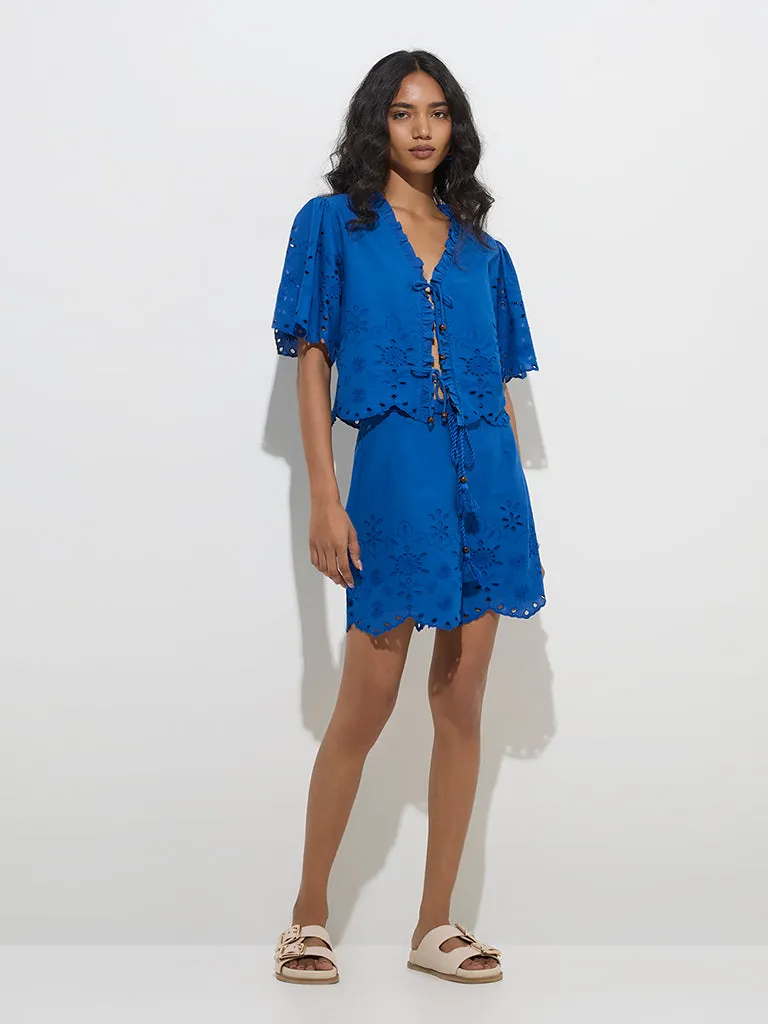 LOV Blue Schiffli Detailed Cotton Top