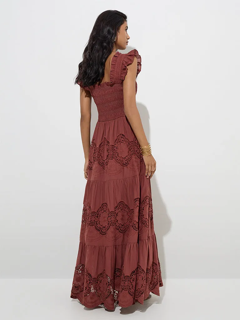LOV Dark Brown Lace Detailed Cotton Tiered Dress