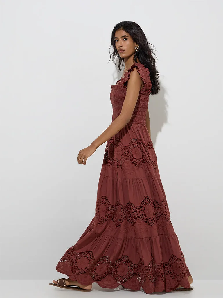LOV Dark Brown Lace Detailed Cotton Tiered Dress