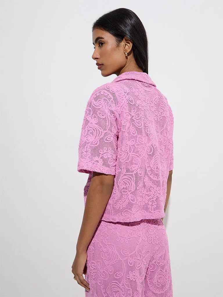 LOV Pink Floral Lace Detailed Cotton Shirt